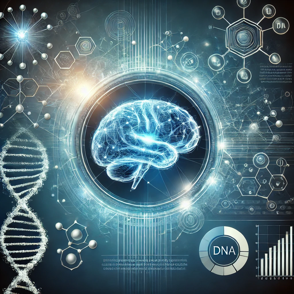 "Imagem conceitual de pesquisa científica sobre o autismo, destacando um cérebro iluminado em tons de azul no centro, cercado por elementos futuristas de biotecnologia e genética. Ao redor, há representações de DNA, moléculas, gráficos e conexões neurais, simbolizando os avanços científicos e tecnológicos no estudo do Transtorno do Espectro Autista (TEA). O fundo possui um design digital sofisticado, reforçando a ideia de inovação e descoberta na neurociência."